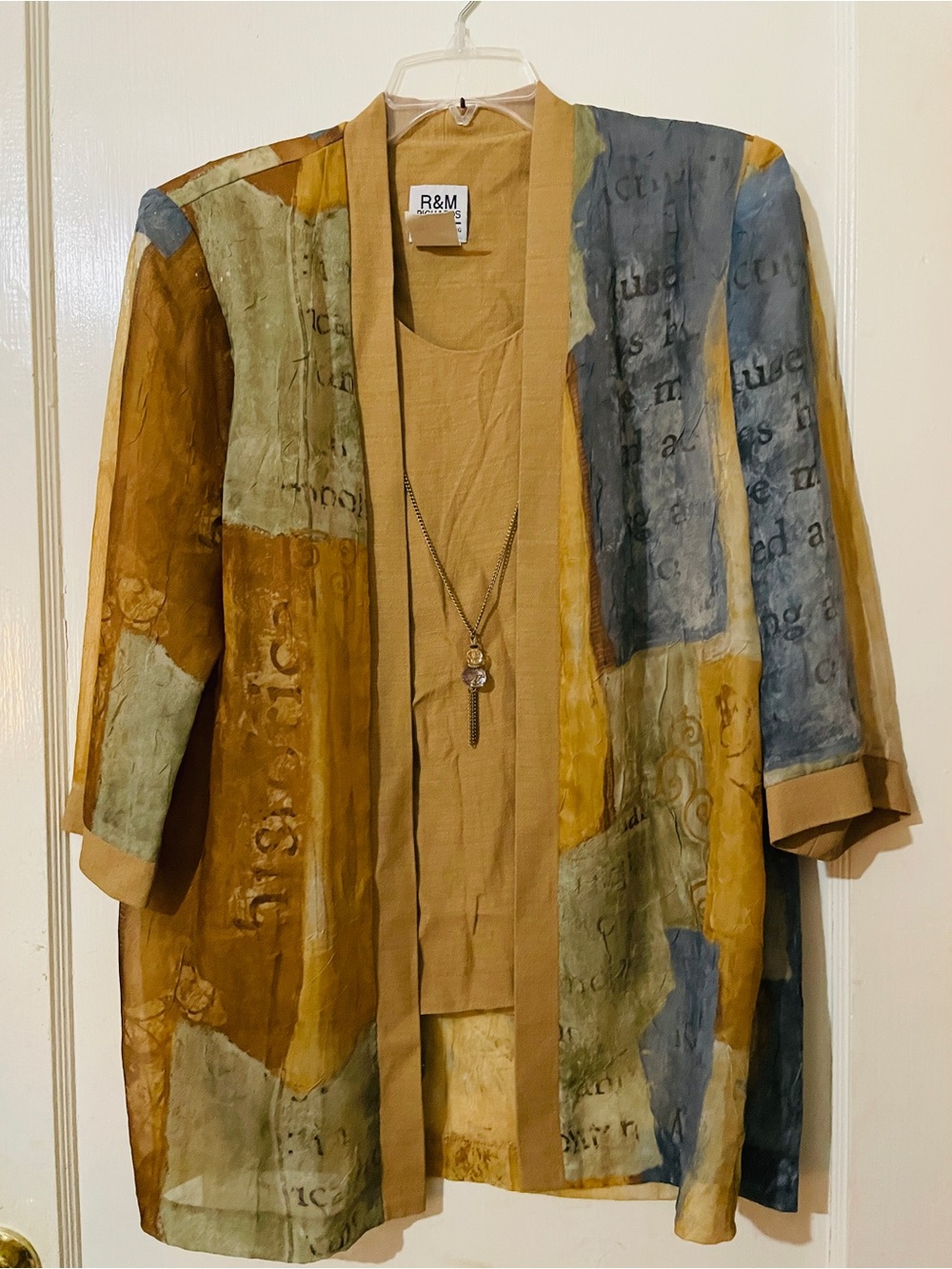 Vintage Patchwork Open-Front Blouse with tankini in Mustard & Blue. Size 10.